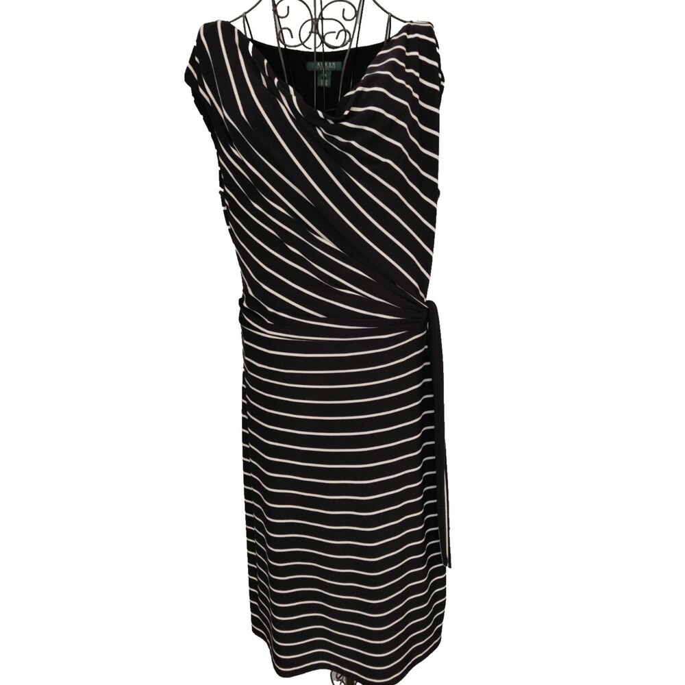 Ralph Lauren Faux Wrap Dress Womens Sz 14W Black & White Striped Draped Neck